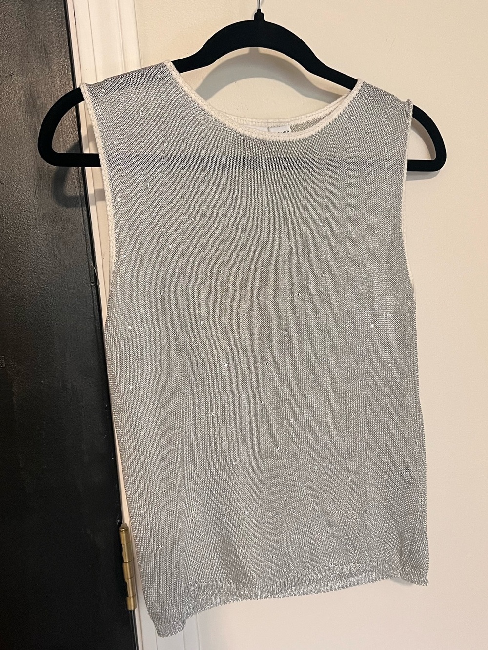 NEW ZARA Silver Metallic Mesh Sleeveless Knit Rhinestone Top - Size Large